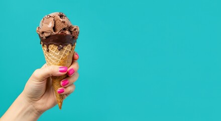 Woman holding chocolate ice cream cone with pink nails against a bright blue background