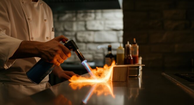 Chef performing culinary flame technique with a blowtorch in a professional kitchen setting