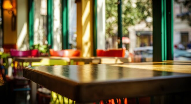 Colorful cafe interior with sunlight streaming through large windows and wooden furniture creating a warm inviting atmosphere