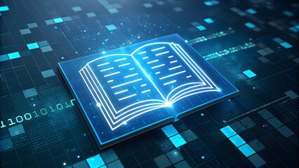 Futuristic glowing digital open book on data grid background. Modern e-learning, technology, and online education concept visualization.