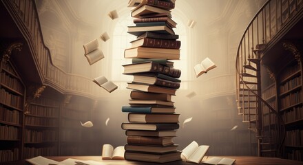 A tall stack of books in a grand library with floating pages creating a magical atmosphere