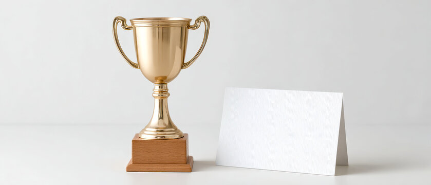 A shiny gold trophy on a wooden base beside a blank white card, symbolizing achievement and recognition.