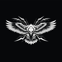 Fototapeta premium Furious eagle mascot with spread wings and lightning on black background