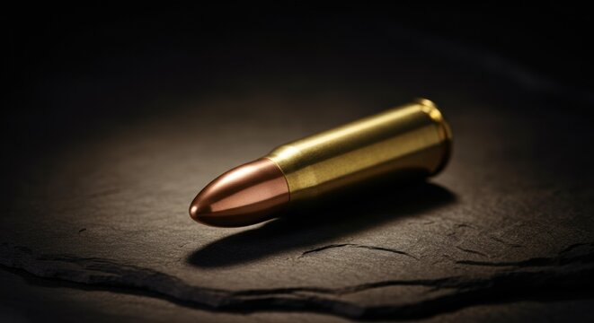 A close-up of a single bullet cartridge lying on a dark textured surface