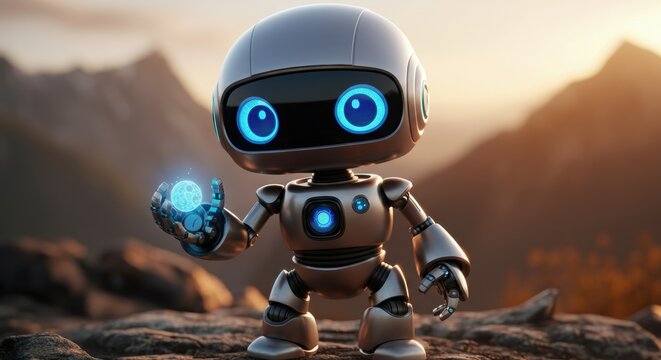 Cute robot with glowing blue eyes standing outdoors during sunset with mountains in the background