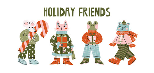 Naklejka premium Christmas mascot characters in retro cartoon style. Collection with cute animals in festive outfits holding gifts and candy cane. Cozy winter holiday illustration set with New Year theme.