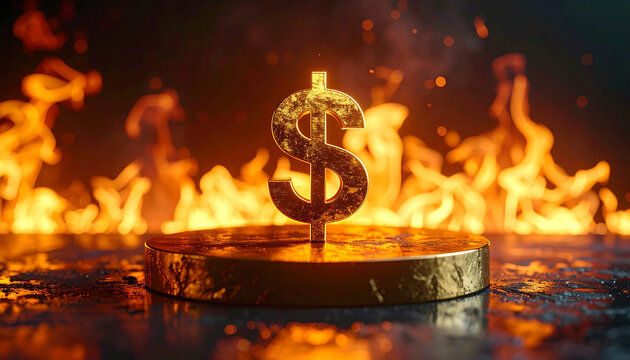 Golden dollar symbol on round podium, dark background with fire flames. Wealth, money, finance