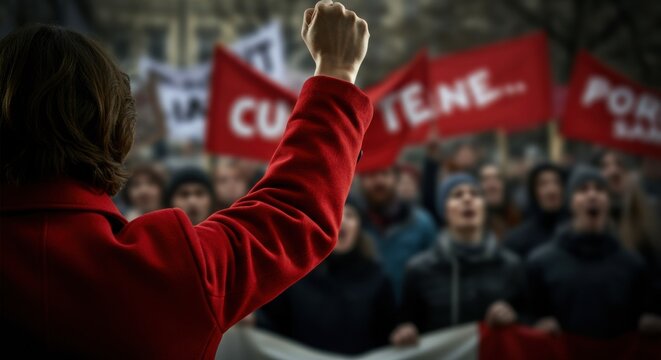 Woman leading protest with raised fist in front of crowd holding signs and banners