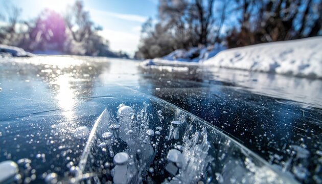 Air bubbles frozen in the ice of a river on a sunny winter day