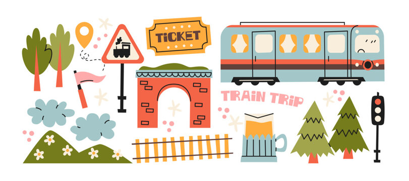 Train travel stickers in retro cartoon style. Collection with passenger train, railway tunnel, traffic light, ticket sign, forest trees, mountains. Travel elements set for tourism and adventure.