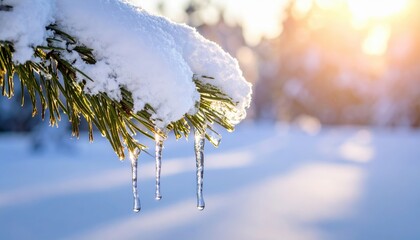 Icicles melting on a snow-covered pine branch in the sunlight