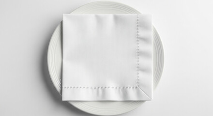 Crisp White Cloth Napkin Neatly Folded on a Round Dinner Plate.
An immaculate, top-down flat lay shot of a perfectly square, crisp white cloth napkin, precisely folded and centered on a clean white 