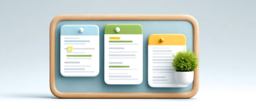 A modern bulletin board featuring colorful notes and a small green plant adds a touch of nature to an organized workspace.