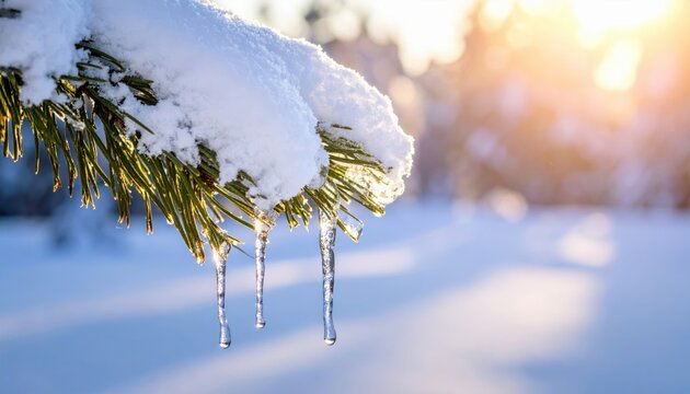 Icicles melting on a snow-covered pine branch in the sunlight