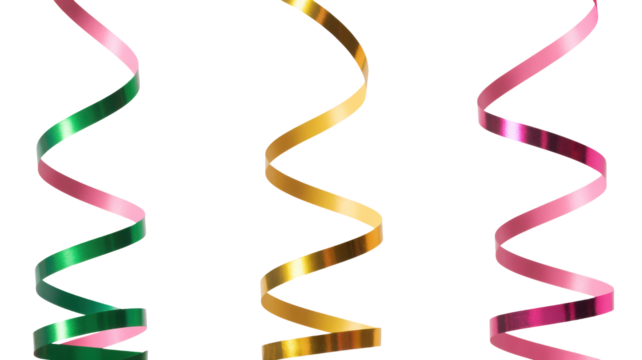 Three curled colorful party streamers in green pink and gold hanging vertically isolated on transparent background