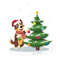 Dog Wearing Christmas Costume Decorating Tree in Snowy Winter Scene