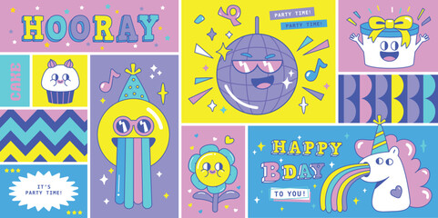 Birthday greeting card with funny and cute characters design.