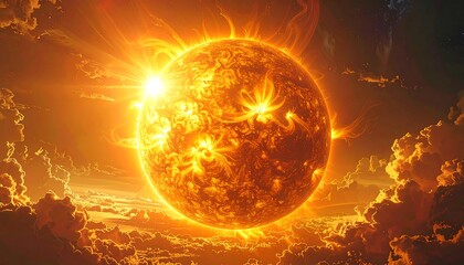 Burning Sun, Fiery Celestial Body, Intense Solar Energy, Radiant Star, Powerful Light Source.