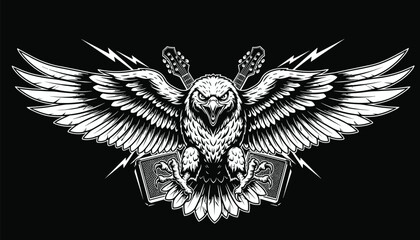 Obraz premium Eagle mascot with wings spread, guitars and amplifiers for heavy metal or rock music logo
