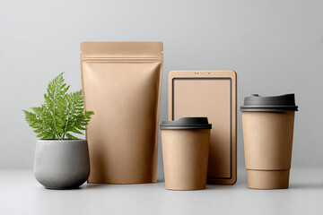 A minimalist display featuring eco-friendly packaging, coffee cups, a tablet, and a potted plant, creating a modern, sustainable aesthetic.