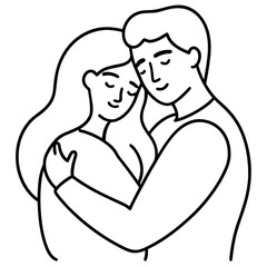 A loving couple embracing tenderly in a simple line art silhouette isolated on white background