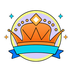 Stylized orange crown emblem with ribbon and sparkles isolated on white background silhouette