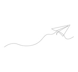 Continuous line paper airplane, white background. Abstract doodle email, letter plane. Vector abstract illustration of business trip flying ship in the sky.