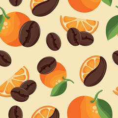 seamless pattern with coffee beans with a fruity flavor, namely with orange in various shapes on a yellow background, for coffee menus, restaurants or other coffee-themed designs