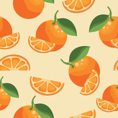 seamless pattern with ripe oranges with a green leaf and half an orange next to it on a yellow background, for fruit designs, social media or stickers