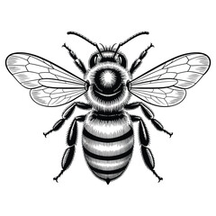 Detailed black and white illustration of a honey bee from above