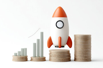 A playful rocket model atop stacks of coins and bar graphs, symbolizing growth, investment, and financial success.