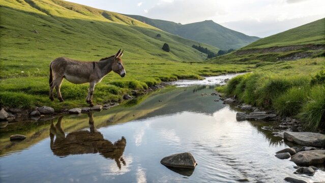 Mule stands by stream with reflection in rolling green hills - Powered by Adobe