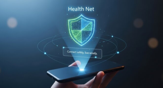 Phone displaying Health Net security shield with digital connections