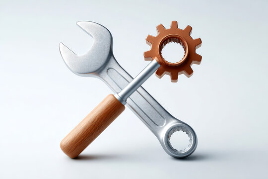 A metallic wrench and a gear intersect, symbolizing engineering and mechanics in a minimalist design.