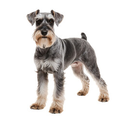 Schnauzer Standing Confidently on White Background Showcasing Its Distinct Coa, Playful Personality. isolated