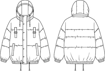 Puffer jacket technical flat sketch, winter hooded outerwear design, quilted padding illustration, drawstring hem, fashion garment template, front and back view