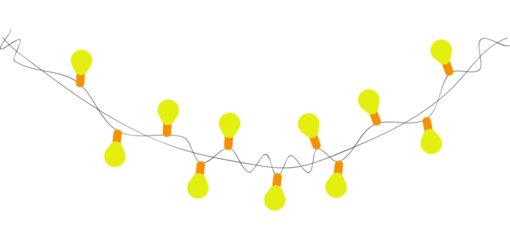 Bright yellow light bulb string for festive decoration or idea concept isolated on transparent background