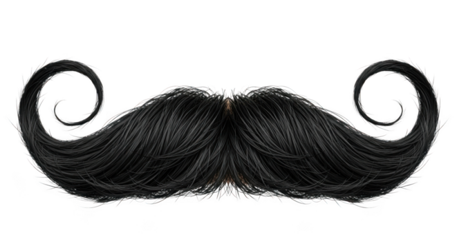 Close-up of a detailed black mustache featuring curled ends and fine hair texture isolated on transparent background - Powered by Adobe