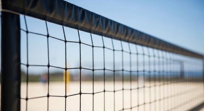 A closeup of a volleyball net on a sandy beach under a clear blue sky