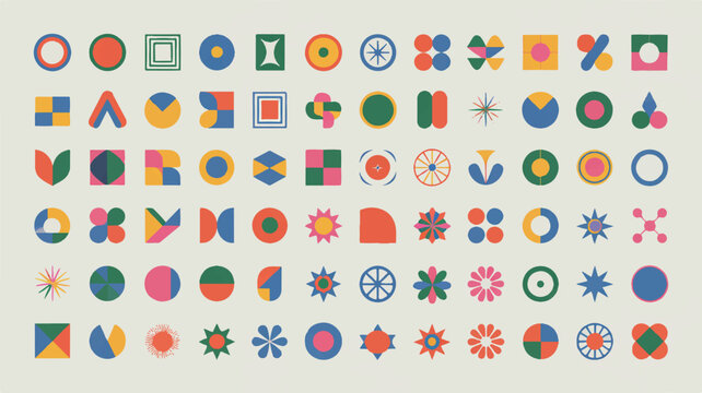 A vibrant collection of modern geometric design elements arranged in a clean grid, showcasing diverse abstract shapes and colorful patterns for creative projects - Powered by Adobe