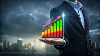 Businessman holding a glowing upward trending financial graph