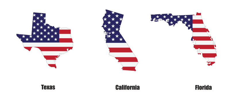 Texas map. States of America, Texas, Florida and California.
