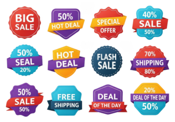 Sale offer discount labels and badges isolated on transparent background