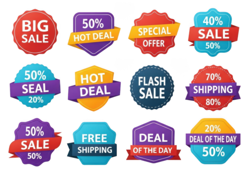 Sale offer discount labels and badges isolated on transparent background
