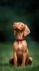 Vizsla dog sits in grass with eyes closed head tilted back enjoying the sun on its face in a close up portrait