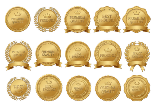 Golden premium quality seals isolated on transparent background