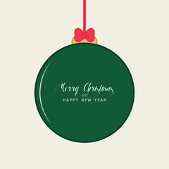 Minimalist vector illustration of a dark green Christmas ornament with Merry Christmas and Happy New Year text in elegant script. The ornament hangs from a red ribbon with a bow on a light background.