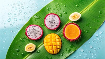 Assortment of fresh tropical fruits on a green leaf with water droplets