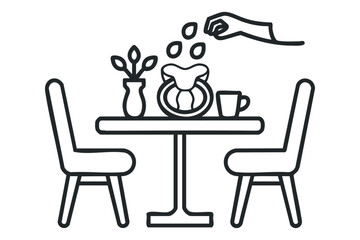 Line art of table setting with hand adding ingredients