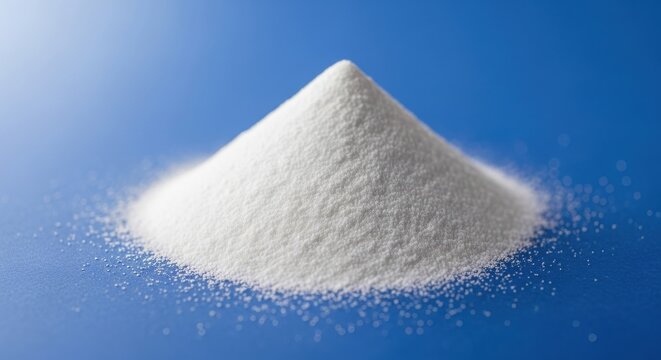 Pile of white powder against a blue background illuminated by soft light